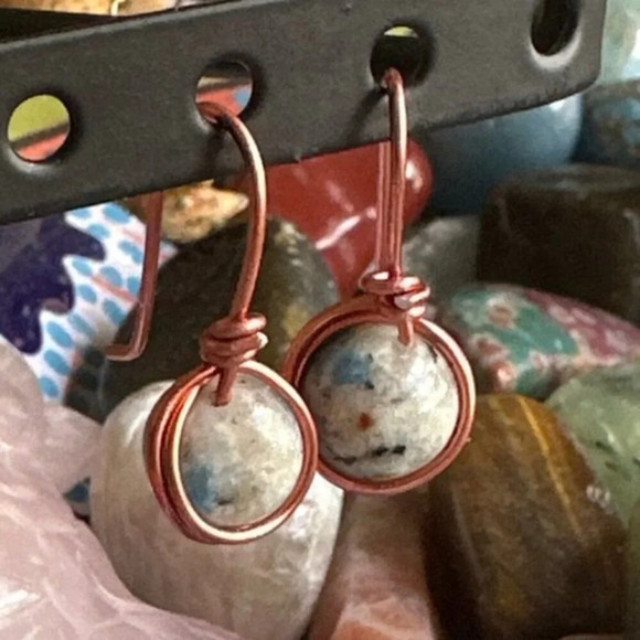 Wire wrapped copper and K2 Jasper spheres dangle southwestern earrings - Picture 1 of 5